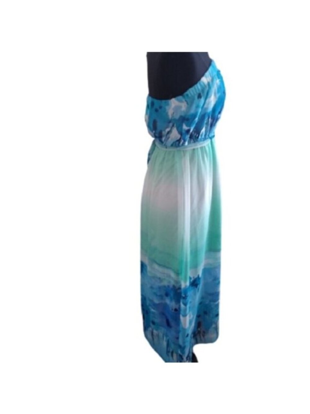 Forever 21 Strapless Watercolor Dress, Blues, Medium Juniors